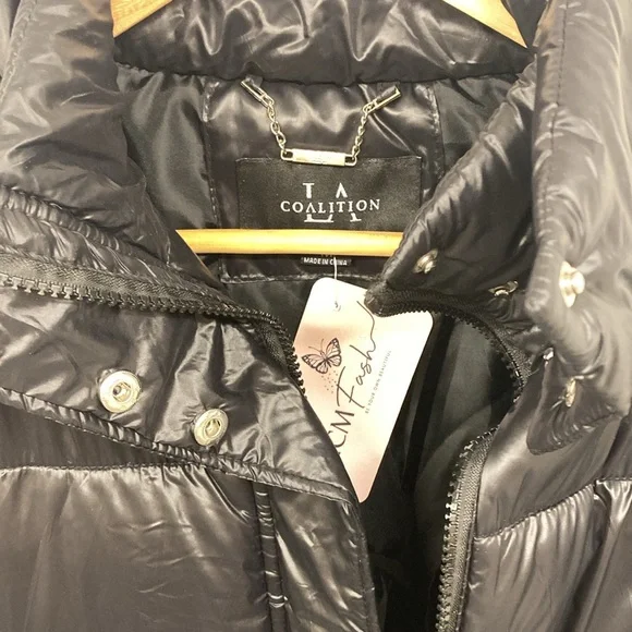 Black Puffer Jacket LA Coalition Coat Size M NWT Silver Hardware - Picture 2 of 8